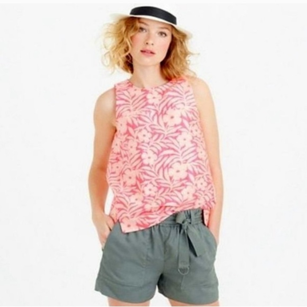 J Crew Pink Plumeria Jacquard Floral and tan sleeveless textured blouse size 12